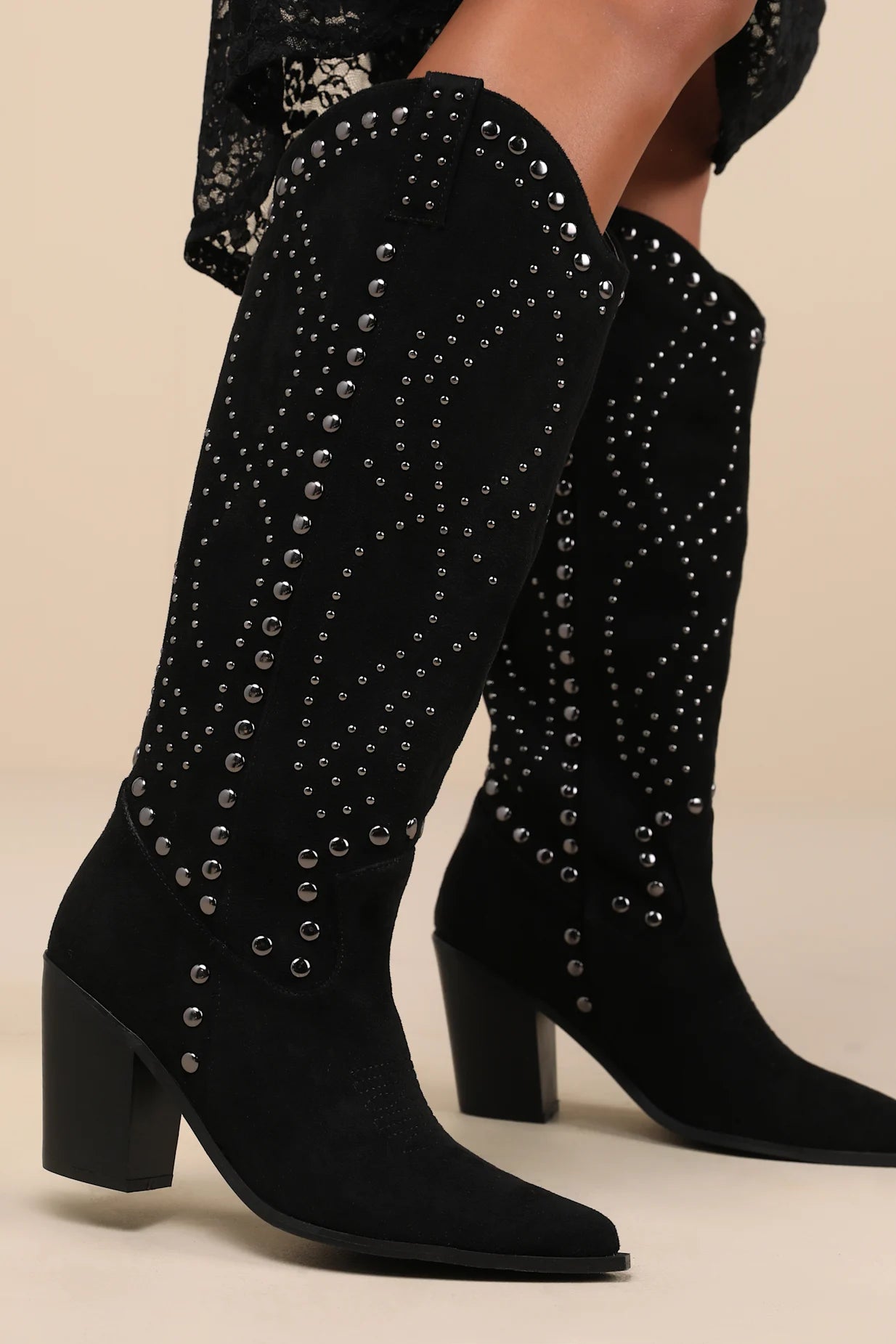 Hurtado-Black Suede Studded Knee-High Western Boots
