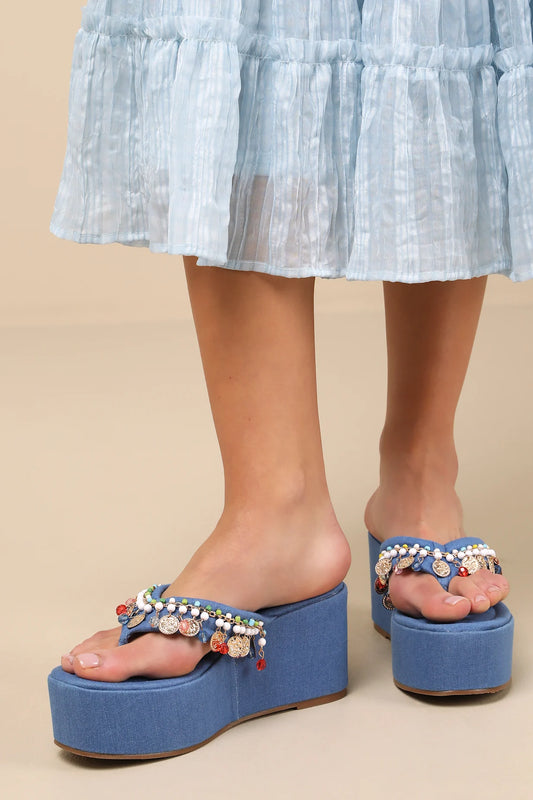 Hurtado-Denim Embellished Flatform Thong Sandals